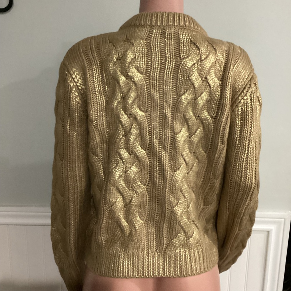 Zara NWOT Foil Cable Knit Sweater Cardigan Metallic Gold Button Up Size Large - Picture 5 of 10